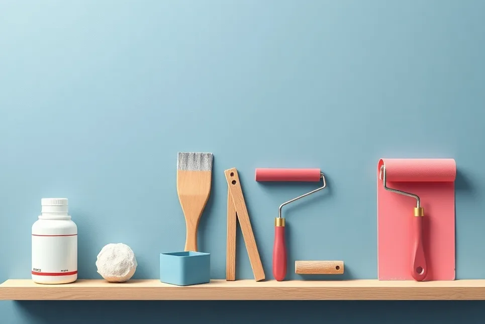 Outils de peinture disposés dans l'ordre des étapes du chantier
