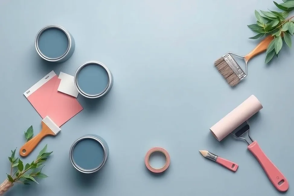 Pots de peinture, nuancier, brosses et rouleaux disposés à plat