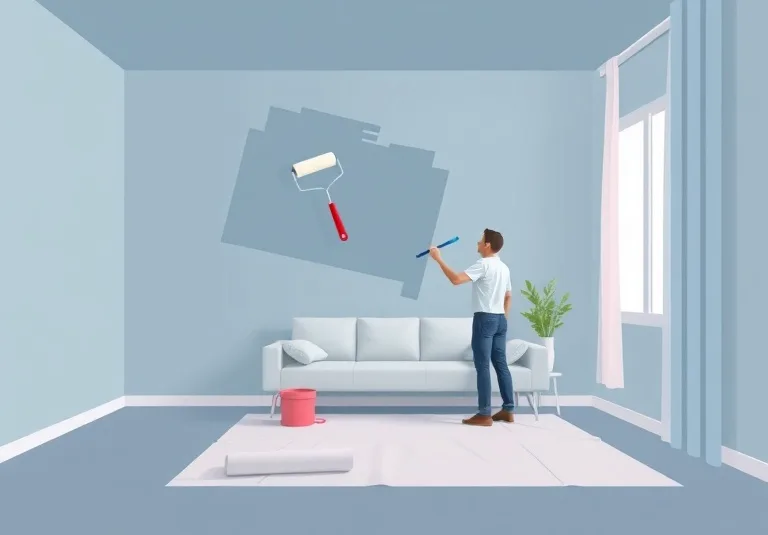 Peintre appliquant la peinture au rouleau sur un mur de salon